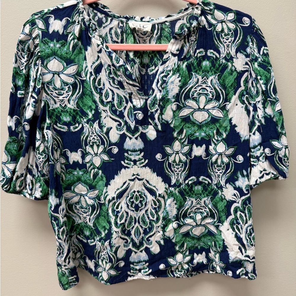 Nicole Miller Green and Blue Patterned Blouse